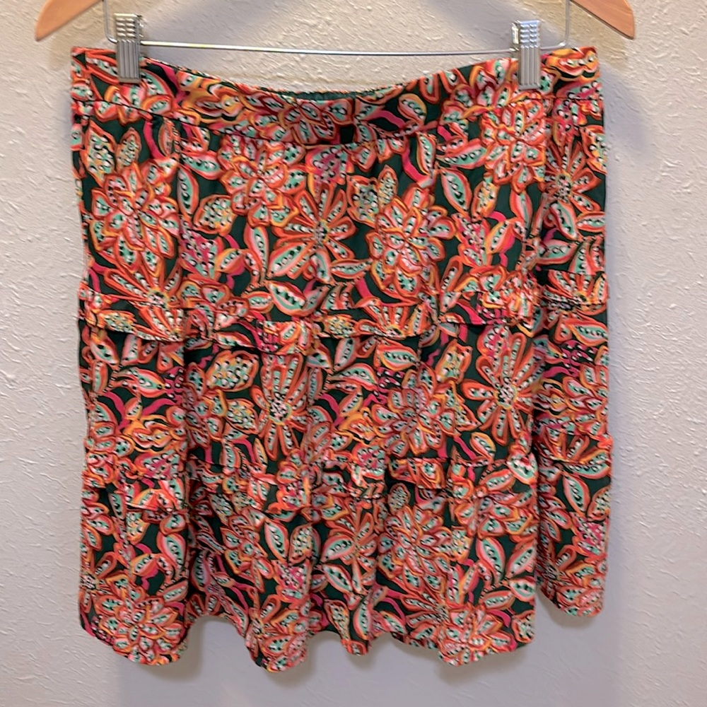 J. CREW Floral Tier Ruffle Skirt Fall Colors Pull On Women’s Size Large